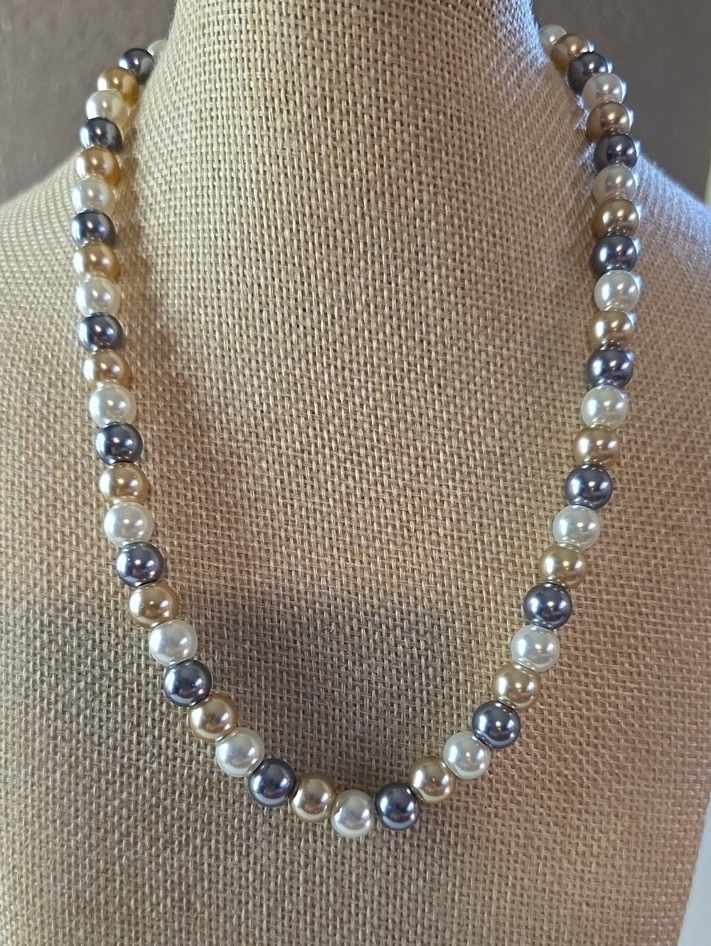 Vintage Tricolor Glass Pearl Strand Necklace 925 Sterling Silver 16”